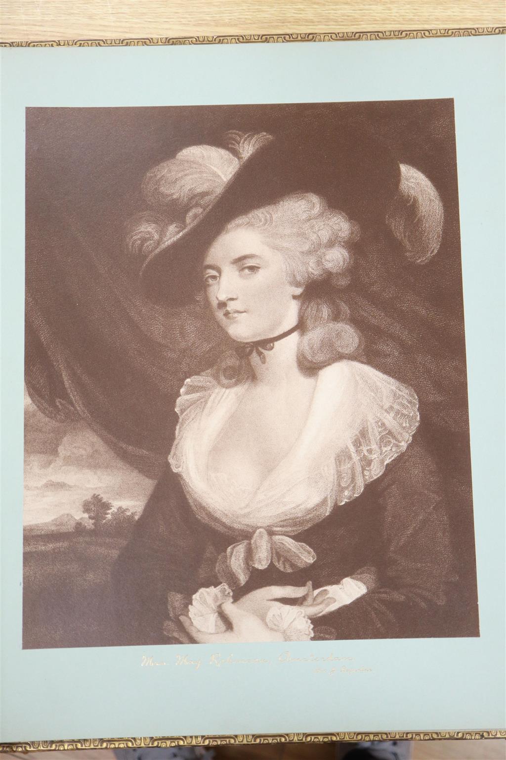 A Victorian leather bound album of mezzotint portraits with fine watercolour embellishments, 44 x 38cm